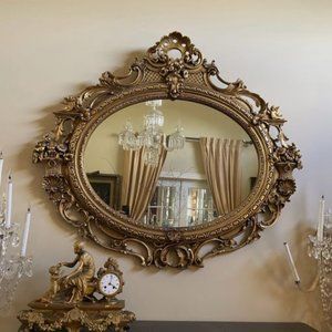 Antique Baroque Gold Leaf Mirror Hand Carved Flower Baskets and Cherubs 48"x58"